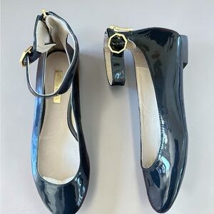 Louise et Cia Navy Patent Leather Flats with ankle strap and gold buckle detail